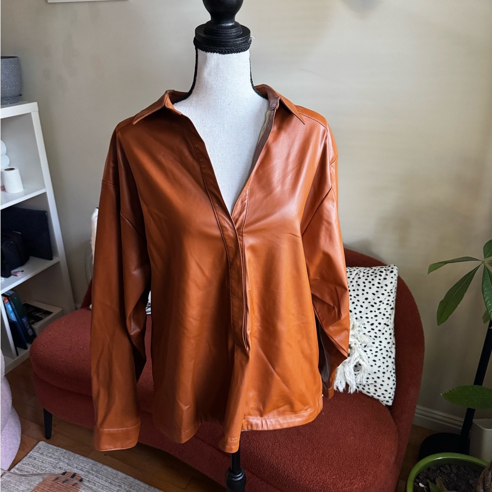 Anthropologie Terracotta Faux Leather Top